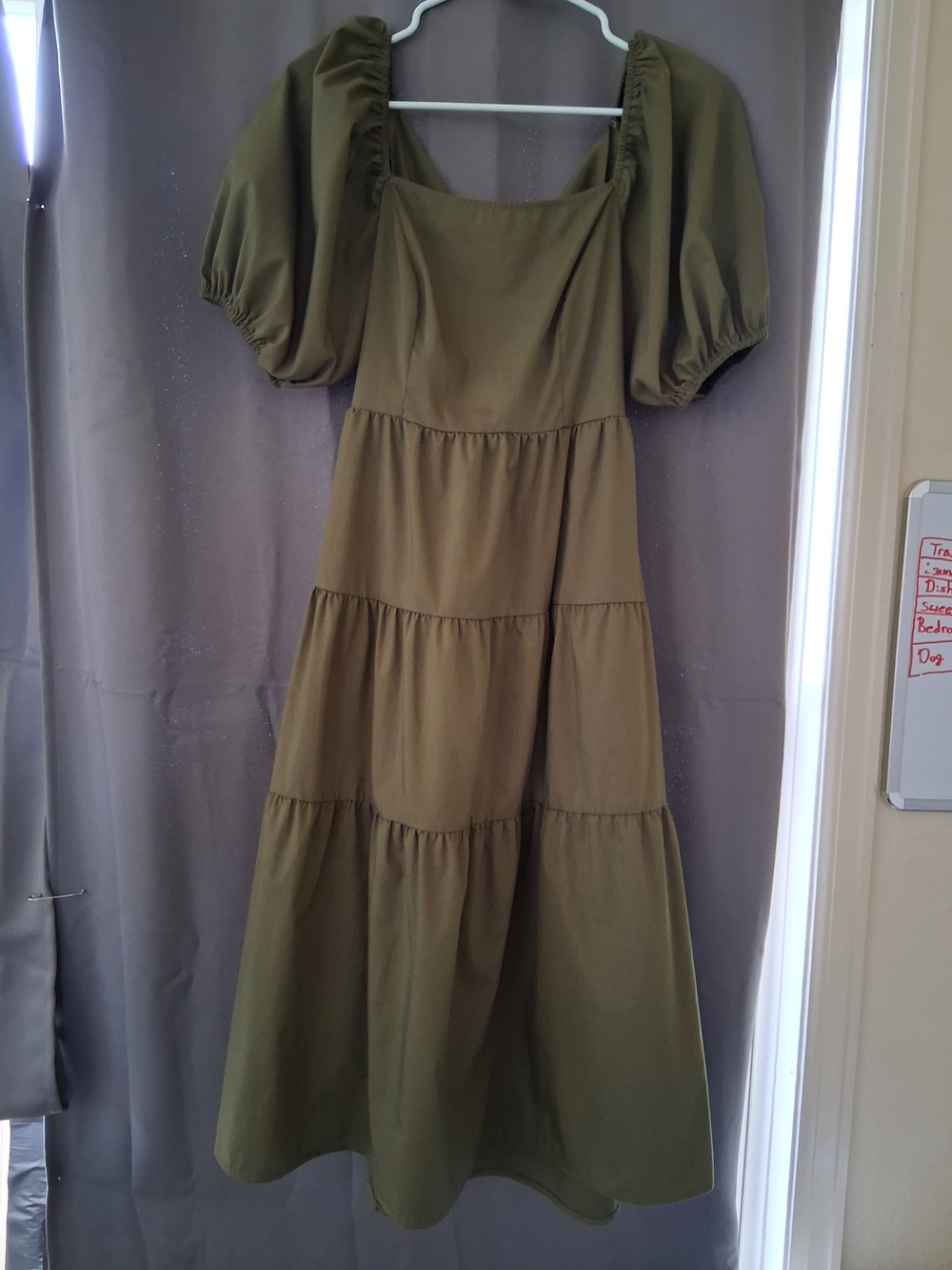 Olive Puff-Sleeve Tiered Maxi Dress